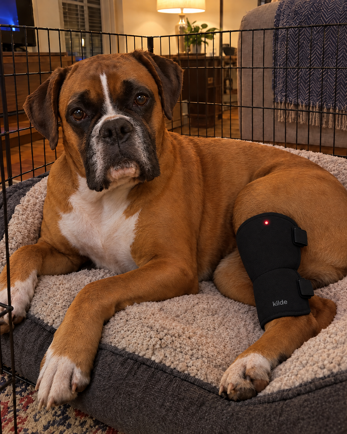 Boxer resting in a recovery pen wearing a Kilde knee wrap