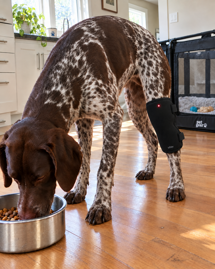 German Shorthaired Pointer wearing a Kilde knee wrap at breakfast