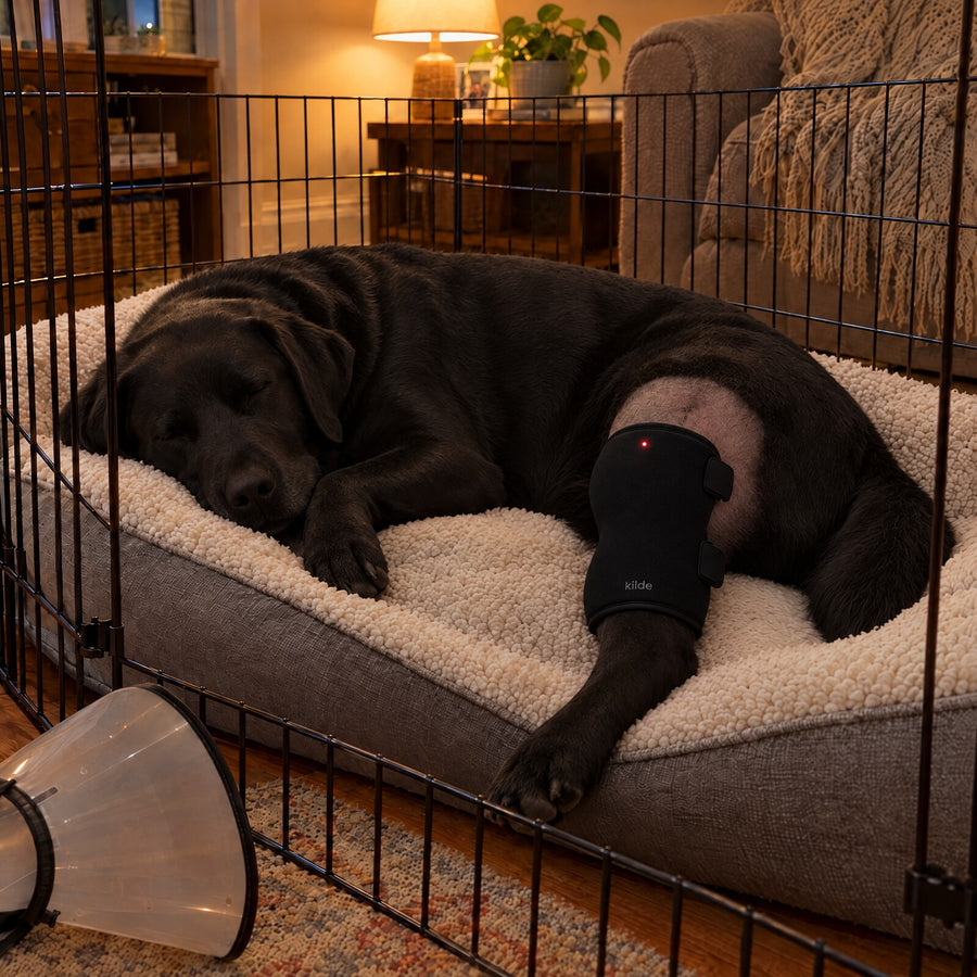 Lab asleep in recovery pen wearing Kilde One