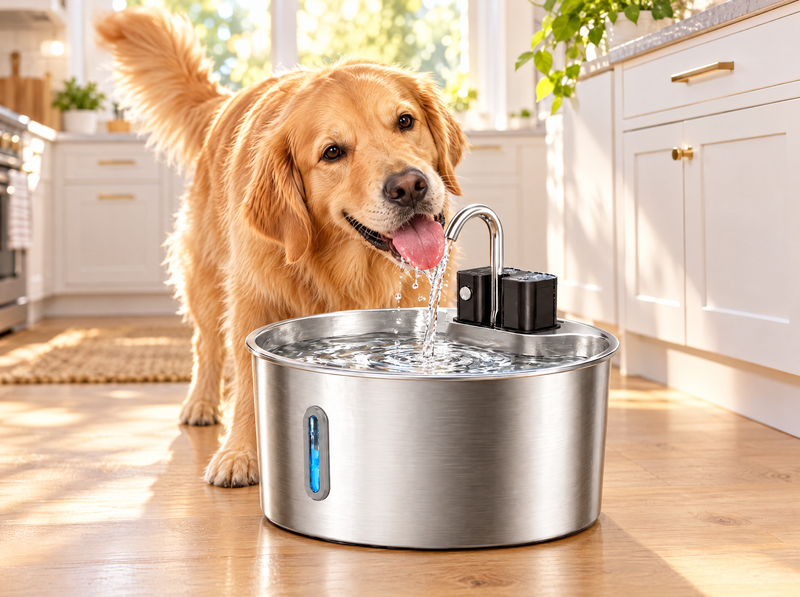 Golden retriever drinking from the Kilde Zeroscale stainless fountain in a sunny kitchen