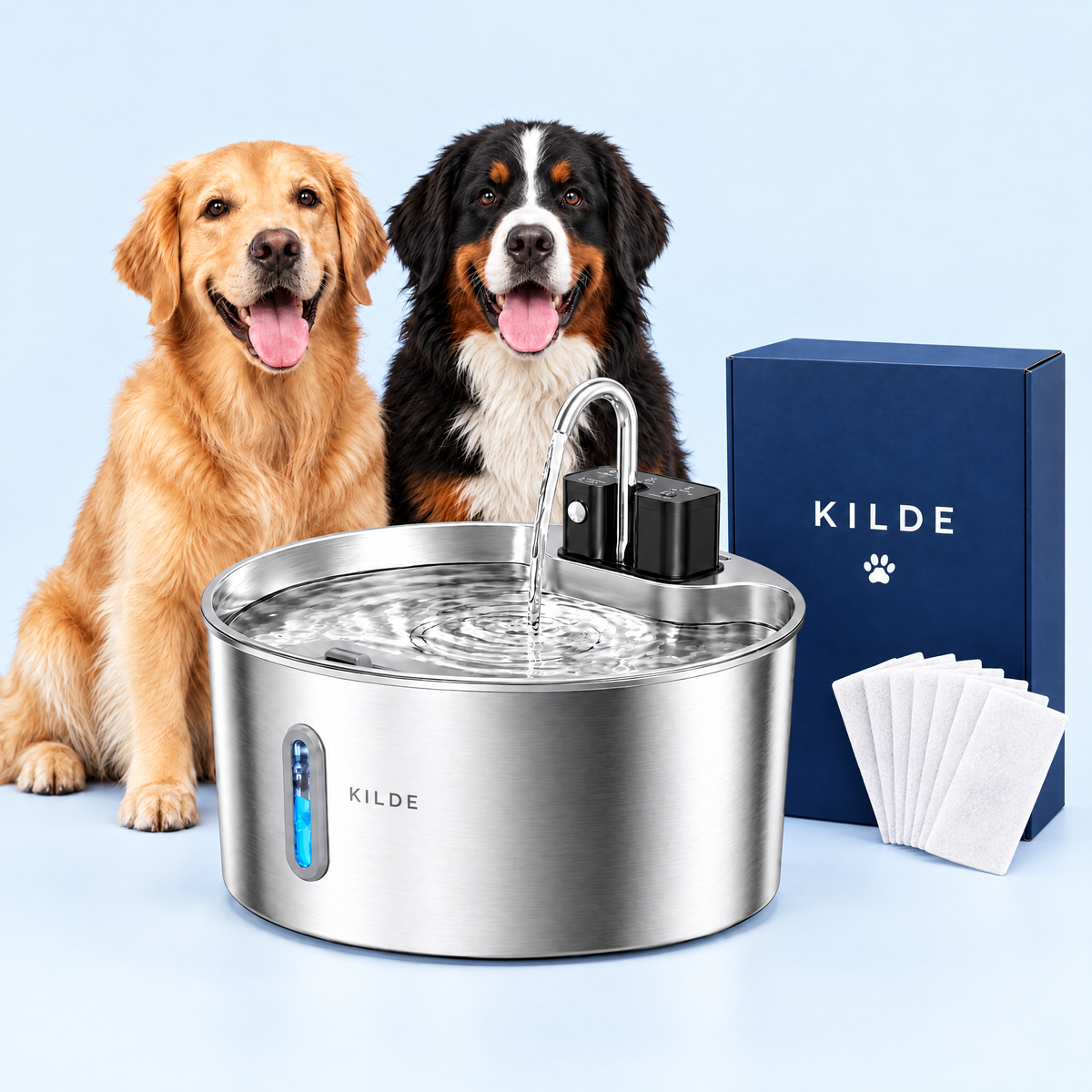 Kilde Zeroscale stainless dog water fountain with a golden retriever, a Bernese mountain dog and the free filter 6-pack