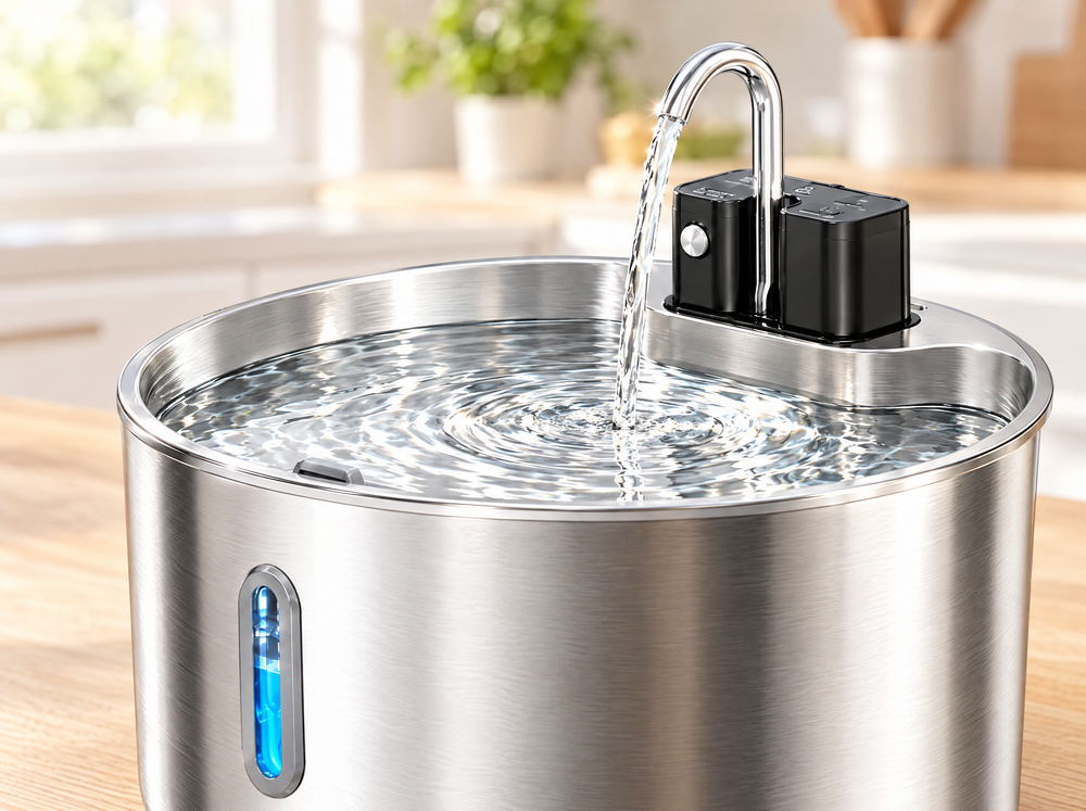 Spotless stainless steel fountain basin with clear flowing water