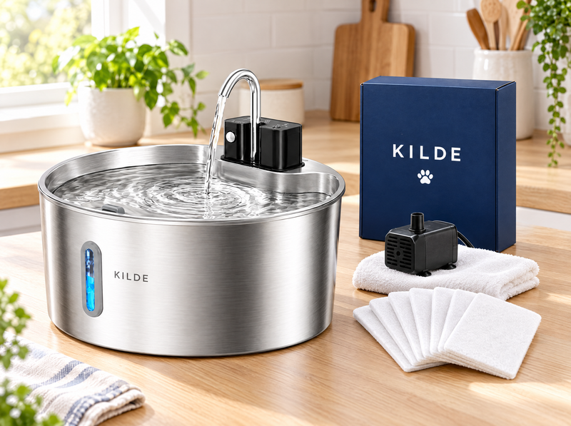 Kilde fountain with a clean pump, fresh filter pads and the Kilde box