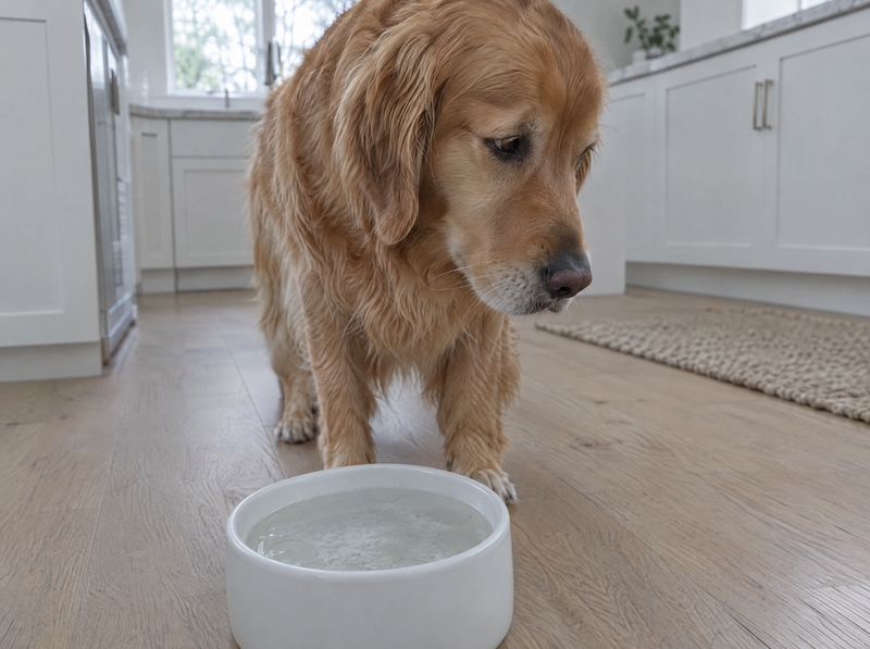 Golden retriever turning away from a bowl of still, chalky tap water